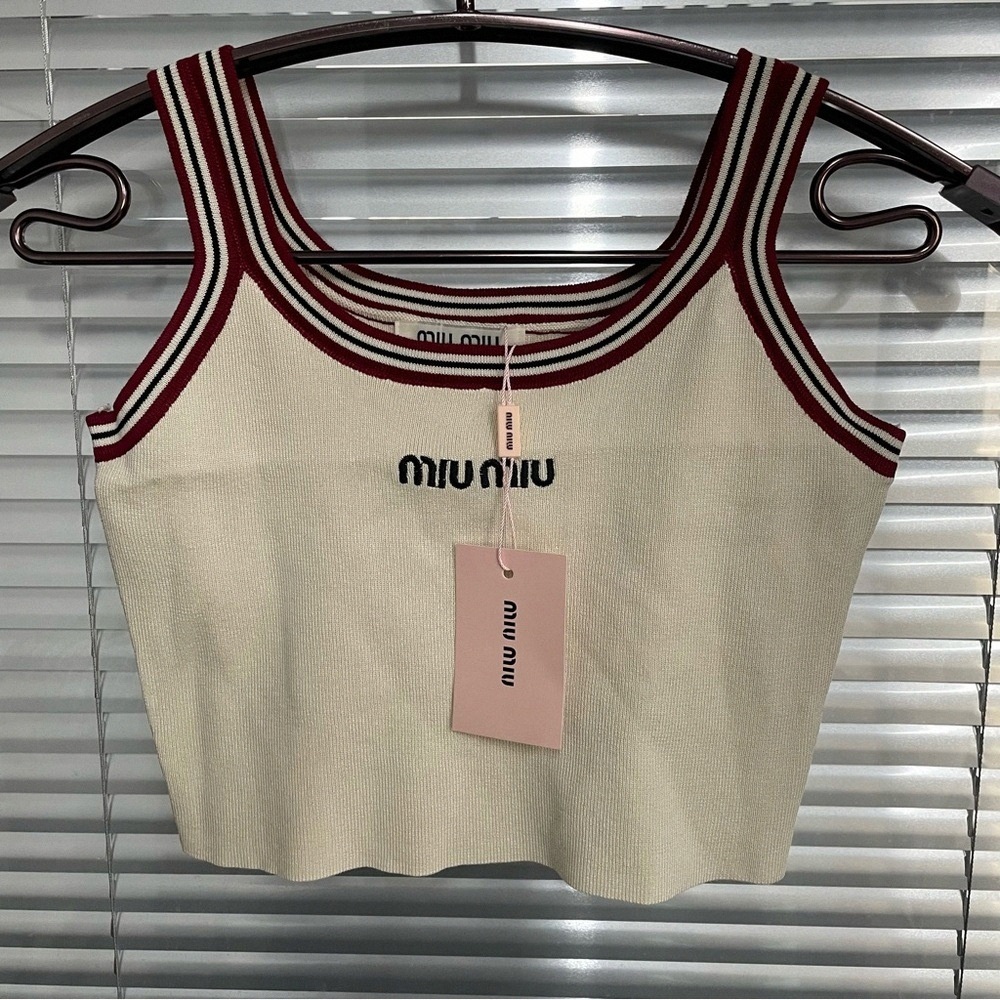 Miu Miu Cream and Burgundy Striped Crop Top